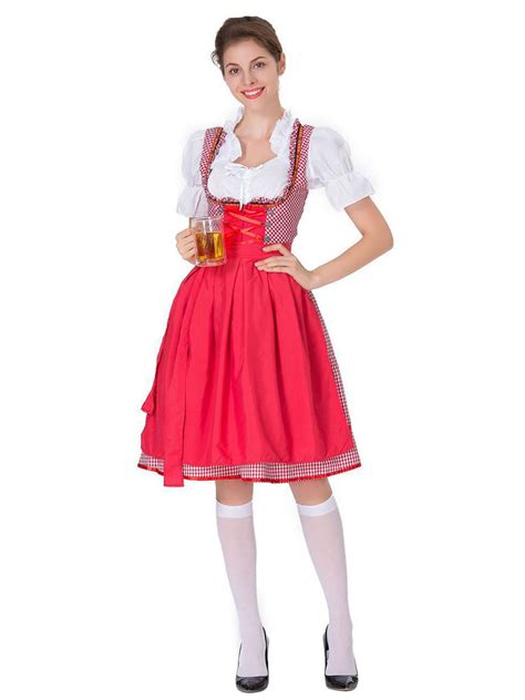 Beer Girl Costume Gingham Plaid Lace Up Bow Cotton Oktoberfest Costumes ...