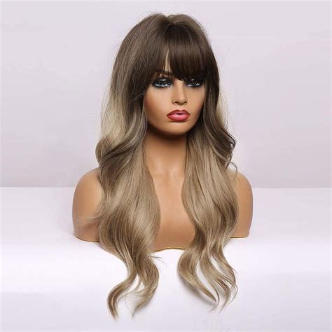 Bogsea Long Wavy Wigs With Bangs Ombre Dark Blonde Wigs For Women Dark