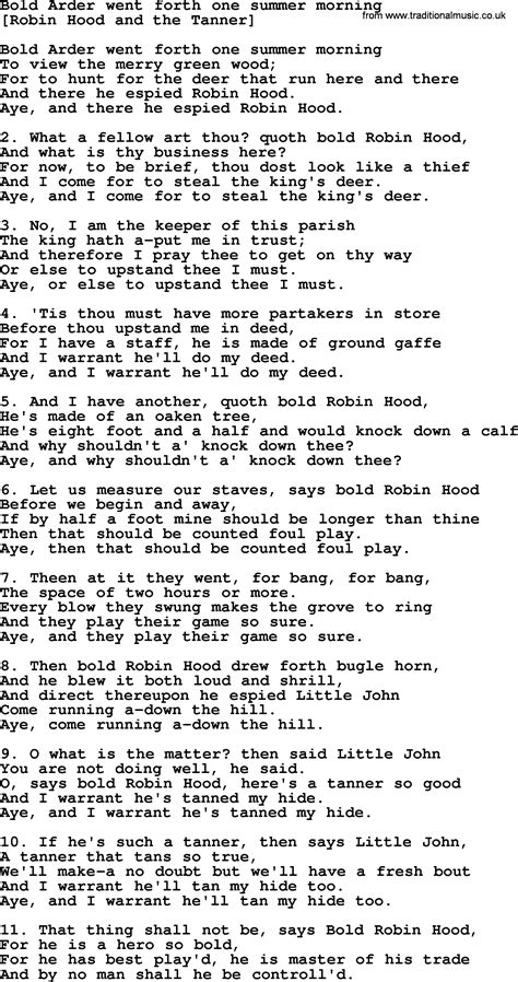 Old English Song Lyrics For Bold Arder Went Forth One Summer Morning