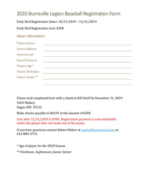 Fillable Online Burnsville Legion Baseball Registration Form Fax