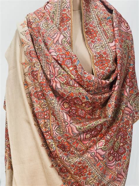 Beige Pure Pashmina Shawl With Papier Mache Jama Hand Embroidery