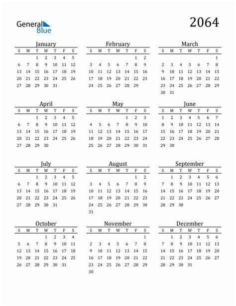 Free 2064 Calendars in PDF, Word, Excel