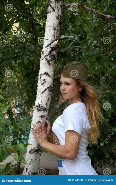 Girl In A Military Garrison Cap About A Birch Stock Image Image Of Beautiful Military 91738589