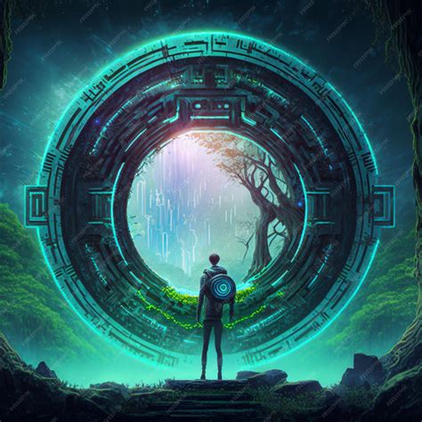 Premium AI Image | arafed image of a man standing in a portal looking