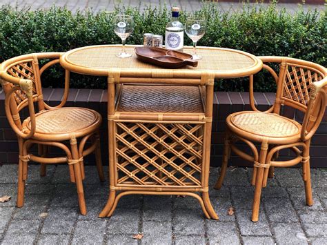 70s Vintage Boho Bamboo Balcony Bistro Table And Chair Set