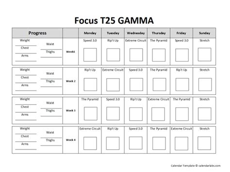 T25 Gamma Workout Calendar - Free Printable Templates