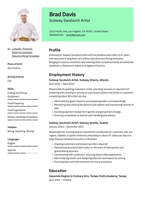 Subway Sandwich Artist Resume Examples & Guide | Free Downloads