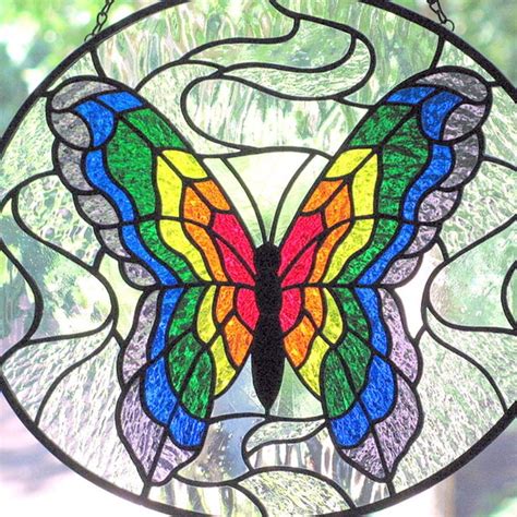 Items Similar To Stained Glass Rainbow Butterfly Oval Suncatcher On Etsy