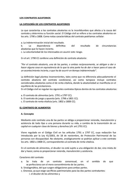 Contratos aleatorios El Código civil se refiere a los contratos