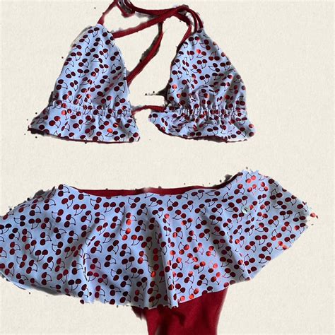 Cherry Print Bikini With Ruffle Bottoms And Halter Depop