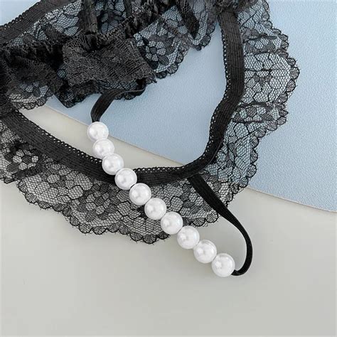 Finetoo Sexy Women Lace Erotic Crotchless Pearls Comfortable Daily Lace