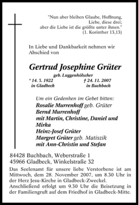 Trauer und Todesanzeigen von Gertrud Josephine Grüter Trauer de