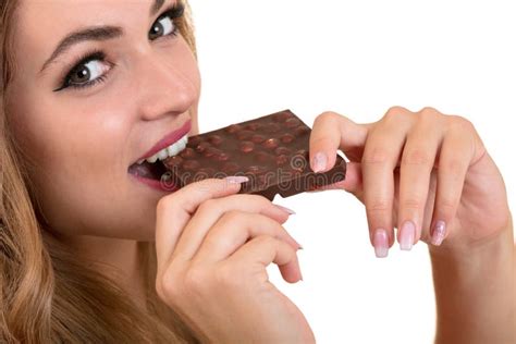 Health People Food And Beauty Concept Lovely Smiling Teenage Girl Eating Chocolate Stock