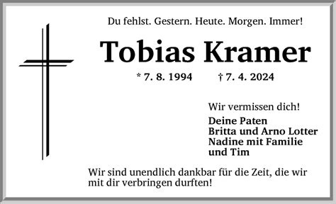 Traueranzeigen Von Tobias Kramer Trauer Flz De