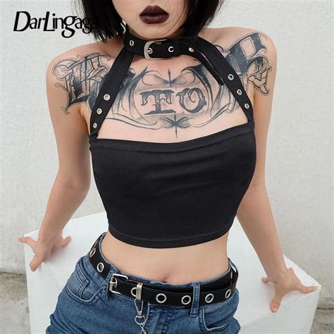 Darlingaga Cotton Halloween Punk Choker Halter Top Women Cami Backless Buckle Crop Top Clothes