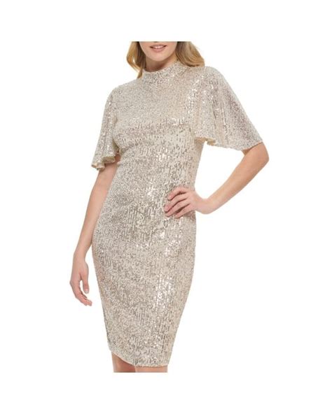 Eliza J Style Sequin Sheath Flutter Sleeve Mock Neck Dress In Natural Lyst