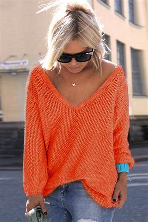 Women V Neck Long Sleeve Knitted Loose Casual Pullover Sweater Coral