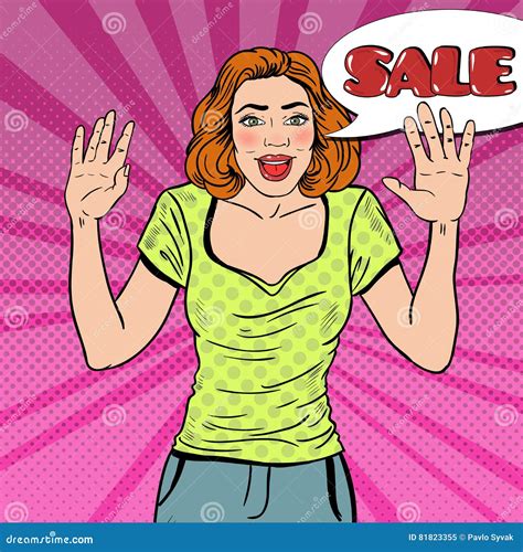 Pop Art Surprised Woman With Comic Speech Bubble Sale Stock Vector