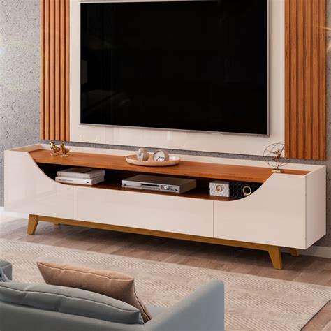 Bancada Para Tv Sala - Rack Para Sala Bancada de TV 75 Pol 219cm Pés Madeira Giulia D04 Off ...