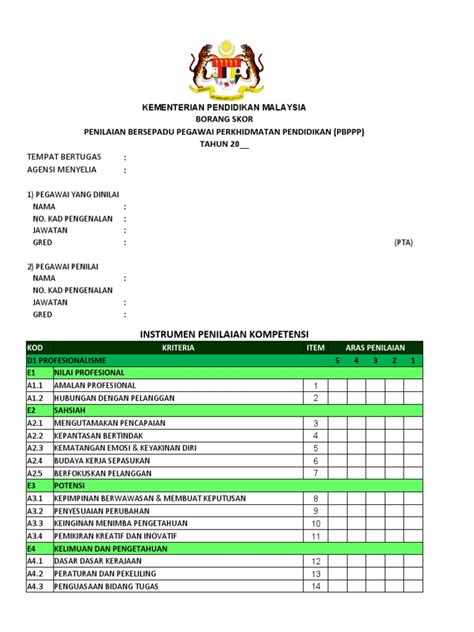 Borang Skor Pbppp 2021 Excel Contoh Borang