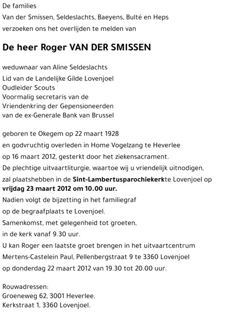 Avis de décès de Roger VAN DER SMISSEN décédé le 16 03 2012 à Heverlee