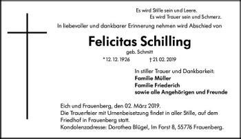 Traueranzeigen Von Felicitas Schilling Vrm Trauer De