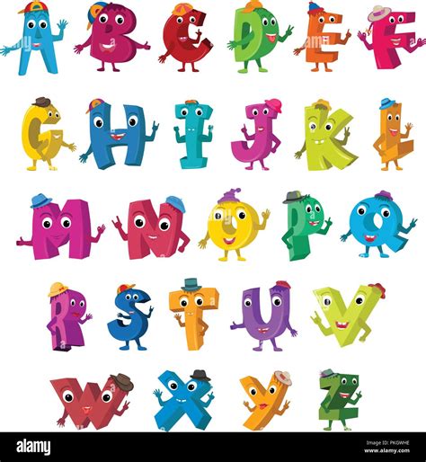 Abc Funny Alphabet Characters Alive Letters With Hats Design Color Set