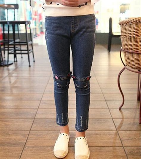 Meisjes Cartoon Kat Borduurwerk Jeans Denim Broek Grandado