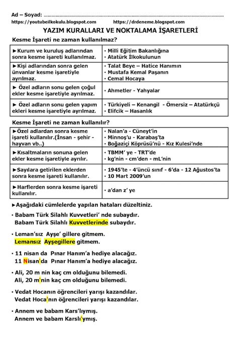 4 SINIF TÜRKÇE YAZIM KURALLARI ETKİNLİĞİ 1 İlkokul Yaz Eğitim