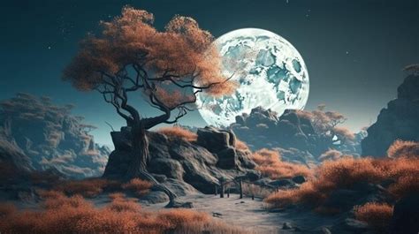 Premium Ai Image Fantasy Landscape With Tree And Full Moon Generative Ai