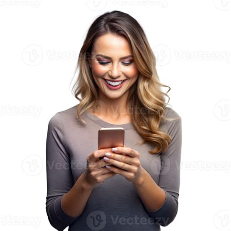 Smiling Woman Using Smartphone With Joyous Expression 44245187 Png