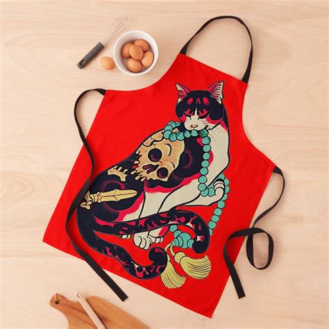 Antique Japanese Woodblock Print Cat With Flower Tattoos Apron For Sale By Epitomegirl Redbubble