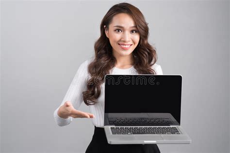 Smiling Confident Businesswoman Showing Laptop Screen Isolated O Stock