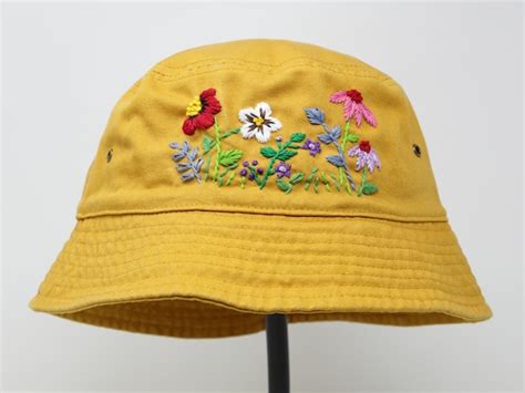 Washed Cotton Bucket Hat Hand Embroidered Colorful Wild Etsy