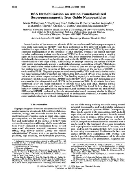 Pdf Bsa Immobilization On Amine Functionalized Superparamagnetic Iron