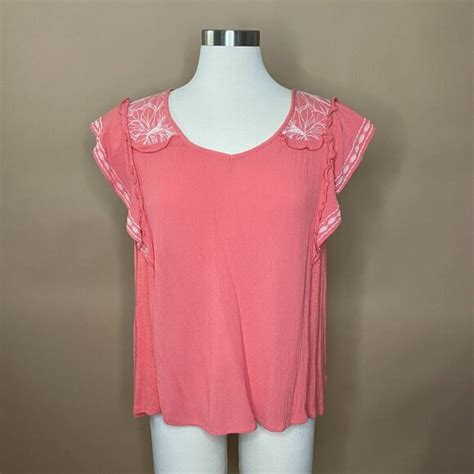 Knox Rose Tops Knox Rose Coral Boho Peasant Embroidered Flutter