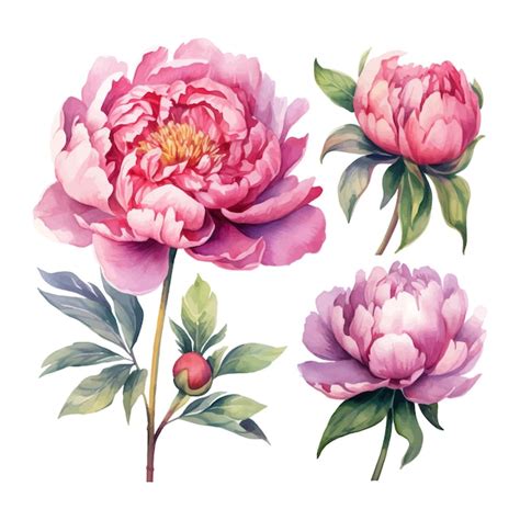 Premium Vector Peony Flower Set Watercolor Vector Illustration