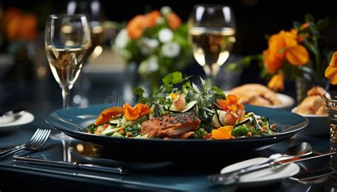 Freshness And Elegance On The Table Gourmet Meal Wineglass Seafood