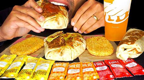 Asmr Taco Bell Breakfast Burrito Crunchwrap Hash Browns Cheese Eating