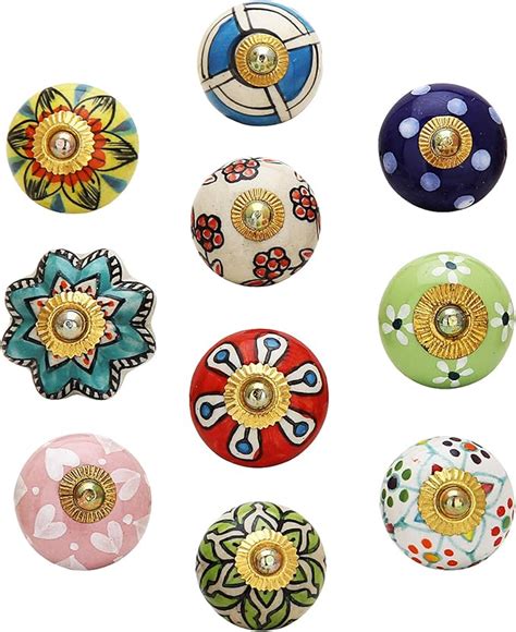 Multi Color Ceramic Door Knob Set Of 10 Pc Indian Handmade Cabinet