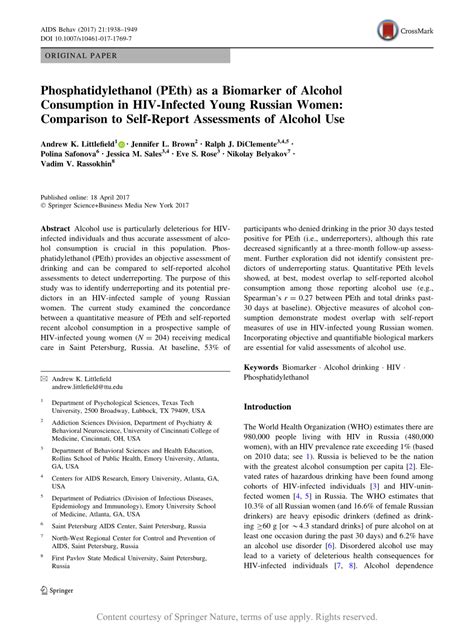 Phosphatidylethanol (PEth) as a Biomarker of Alcohol Consumption in HIV-Infected Young Russian ...