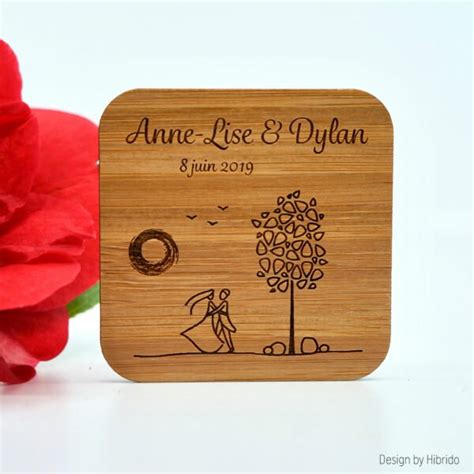 Magnet pour mariage campagnard personnalisé en bois