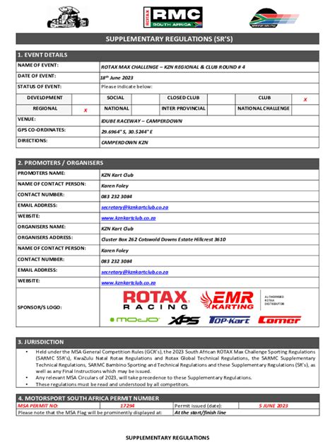 Fillable Online Supplementary Regulations Sr S Motorsport Co Za Fax