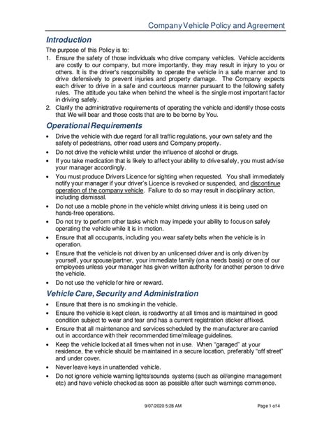 Company Vehicle Use Agreement Template