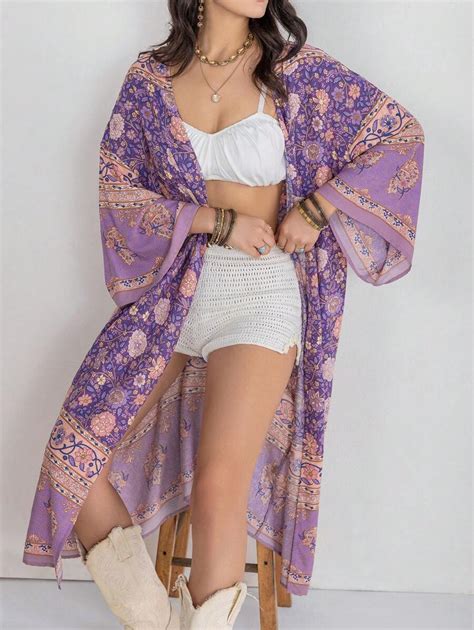 Rusttydustty Floral Print Open Front Kimono Shein Usa