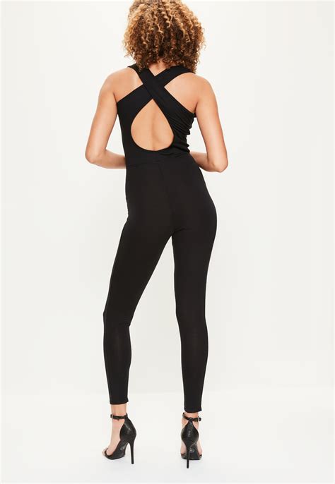 Lyst Missguided Black Scoop Neck Cross Back Unitard Jumpsuit In Black