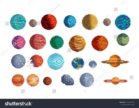 Planets Pixel Art 80s Style Set 8 Bit Sprites Solar System Objects