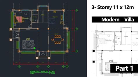 Making A Simple Floor Plan In Autocad Part 1 Project 3 Storey 11x12m Modern Villa Youtube