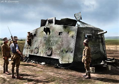 102 year old image of Australian Troops capturing a ruined German tank ...