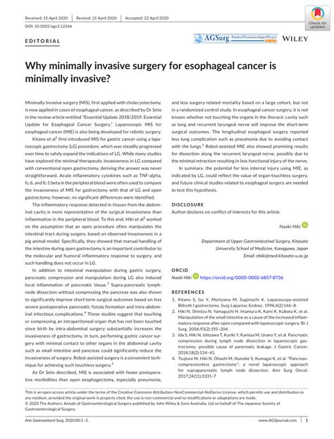 Pdf Why Minimally Invasive Surgery For Esophageal Cancer Is Minimally Invasive